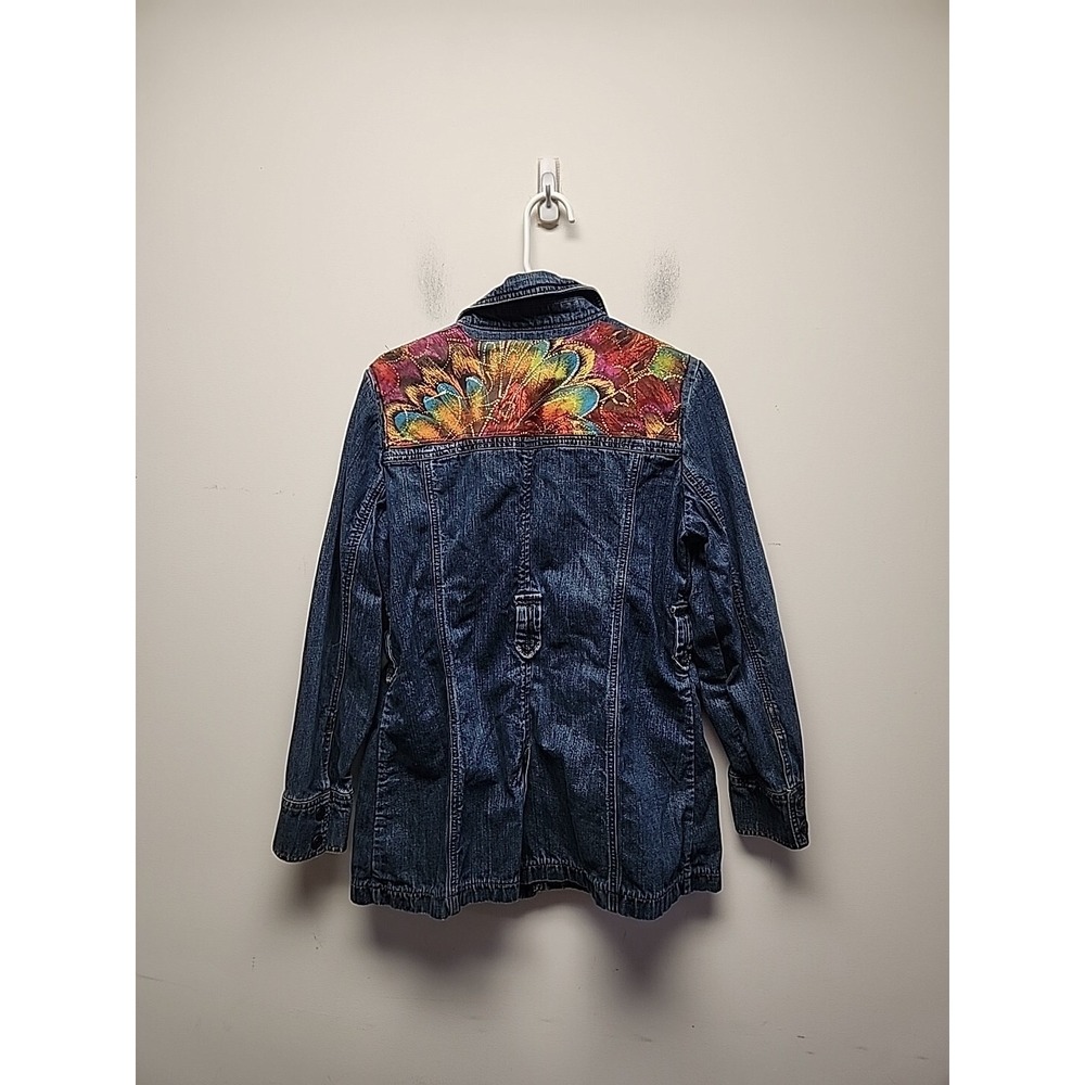 Old Navy Jean Denim‎ Jacket Long Applique Design Pockets Sz Large Missing Belt